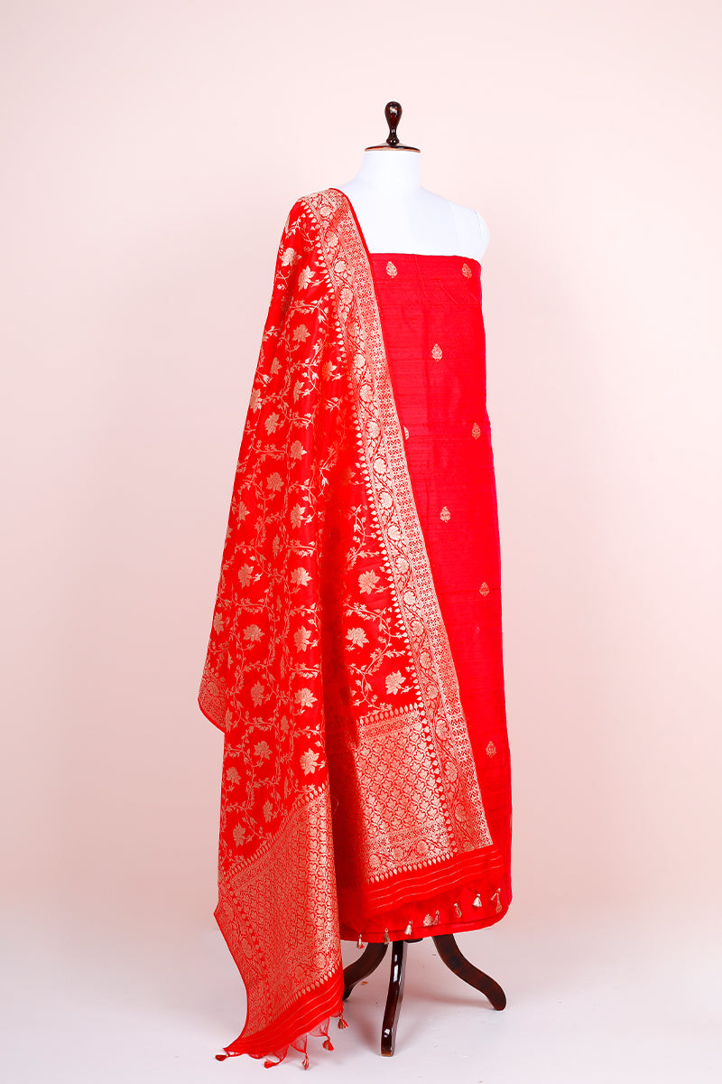Deep Red Handwoven Raw Silk Co-ord Dress Material