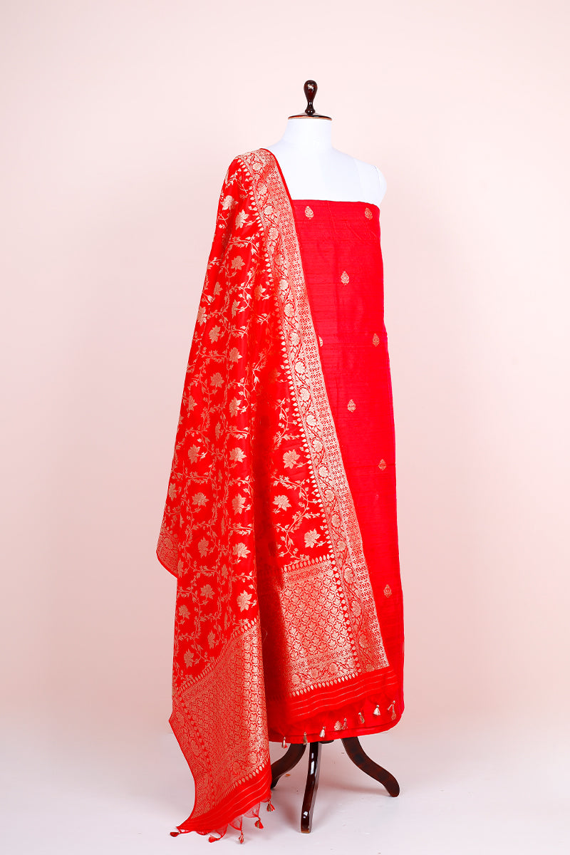 Deep Red Handwoven Raw Silk Co-ord Dress Material - Chinaya Banaras