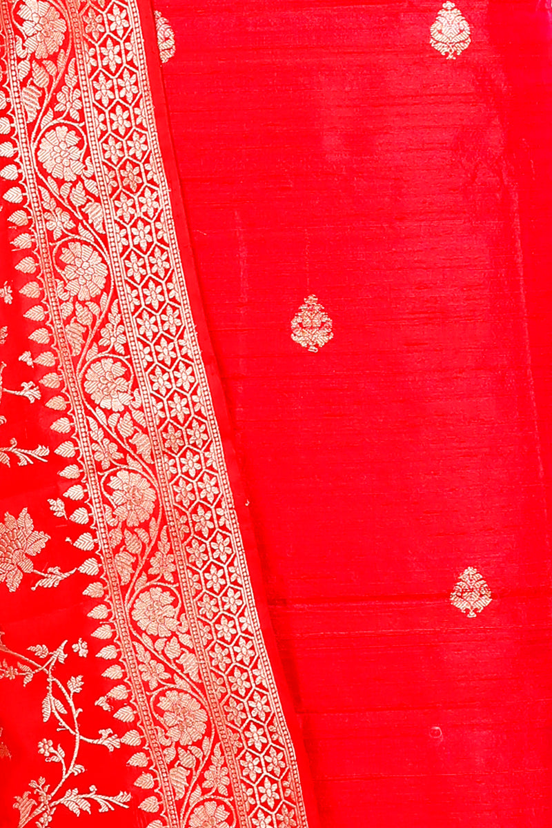 Deep Red Handwoven Raw Silk Co-ord Dress Material - Chinaya Banaras