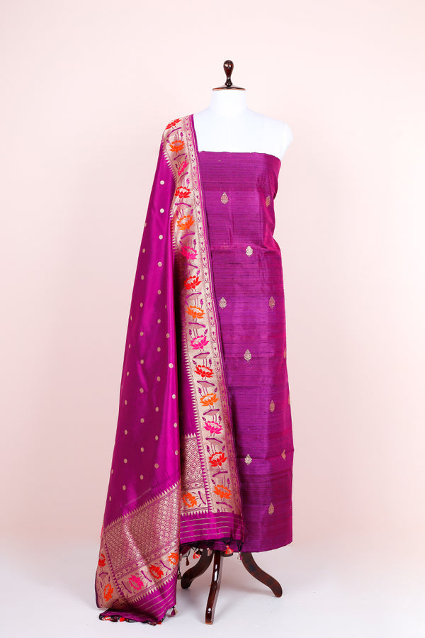Midnight Purple Handwoven Raw Silk Dress Material Suit Drapped on Dummy by Chinaya Banaras