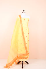 Butter Yellow Handwoven Chiniya Silk Dress Material  beautifully draped on dummy full view look by Chinaya Banaras