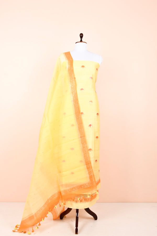 Butter Yellow Handwoven Chiniya Silk Dress Material  beautifully draped on dummy full view look by Chinaya Banaras