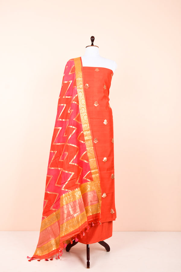 Orange Red Handwoven Chiniya Silk Dress Material
