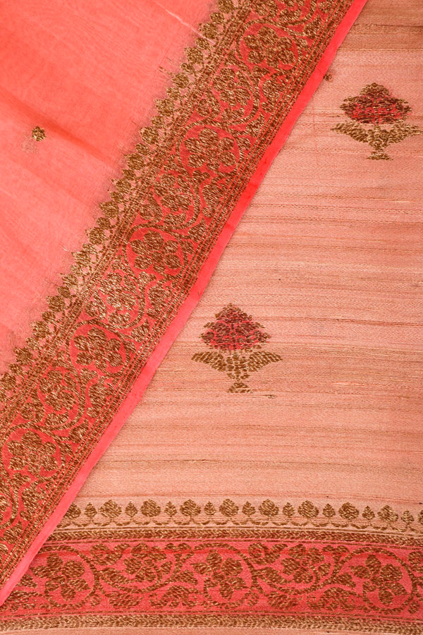 Rust Peach Handwoven Tussar Silk Co-ord Dress Material - Chinaya Banaras