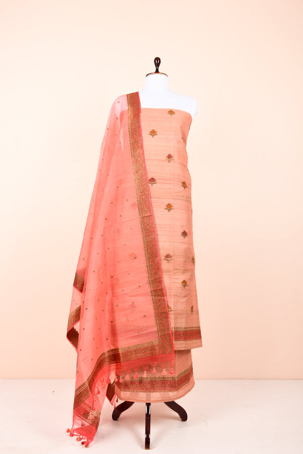 Rust Peach Handwoven Tussar Silk Dress Material Draped on Dummy by Chinaya Banaras