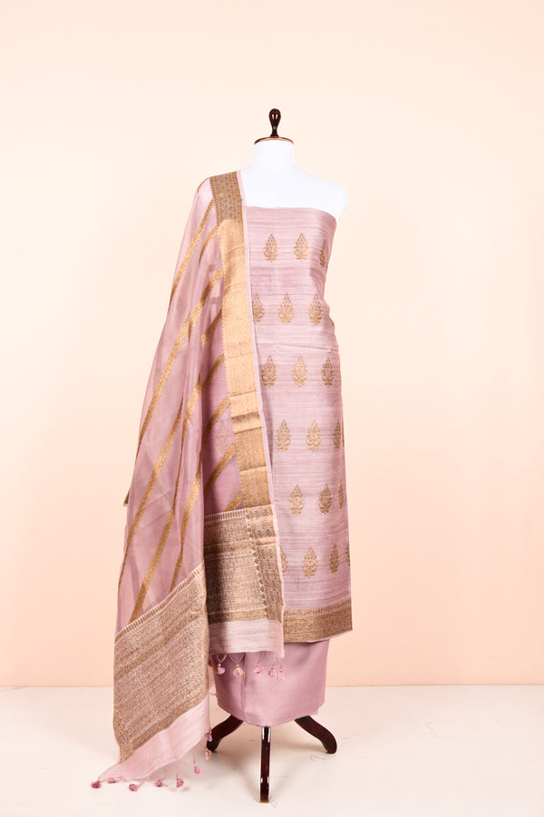 Mauve Handwoven Raw Silk Dress Material  Draped on Dummy by Chinaya Banaras