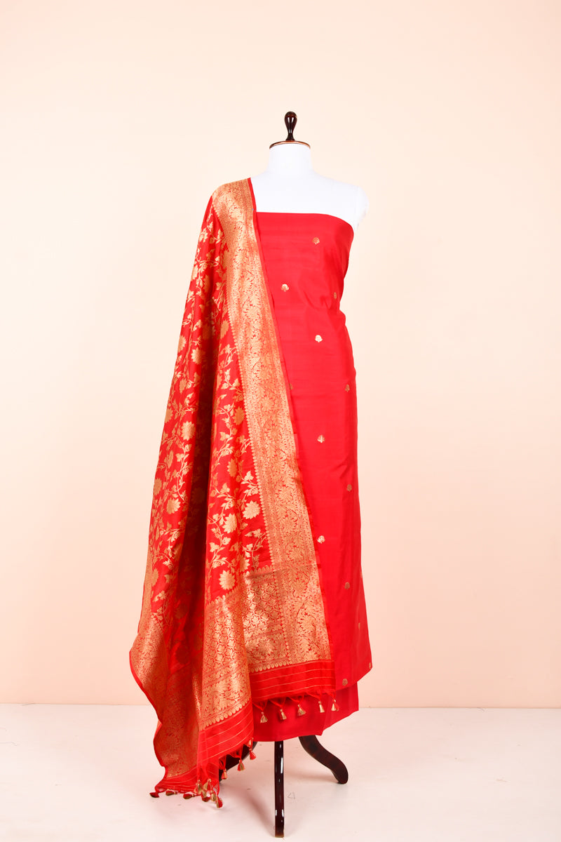 Bright Red Handwoven Chiniya Silk Dress Material Beautifully Draped On Dummy By Chinaya Banaras 