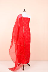 Blooming Red Handwoven Chiniya Silk Co-ord Dress Material - Chinaya Banaras