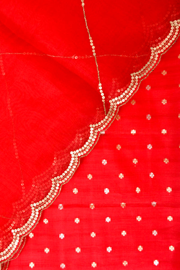 Blooming Red Handwoven Chiniya Silk Co-ord Dress Material