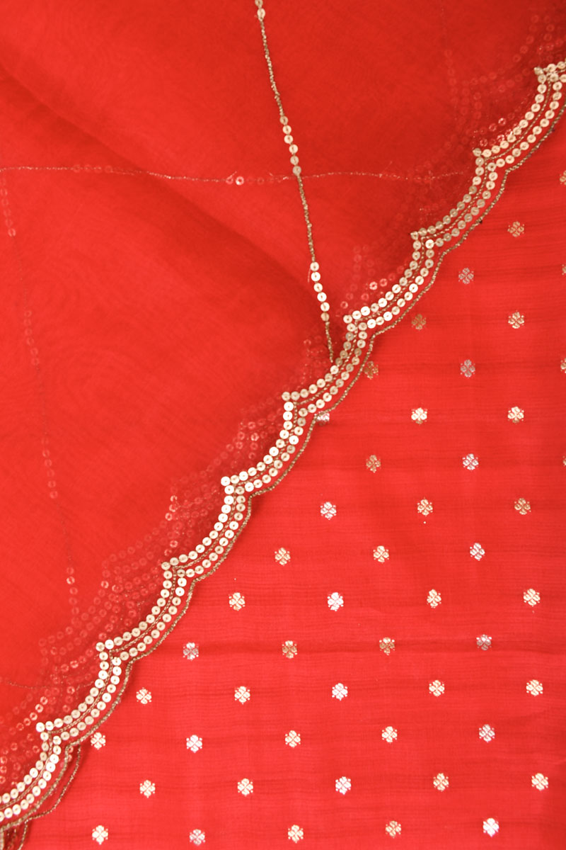 Blooming Red Handwoven Chiniya Silk Co-ord Dress Material - Chinaya Banaras