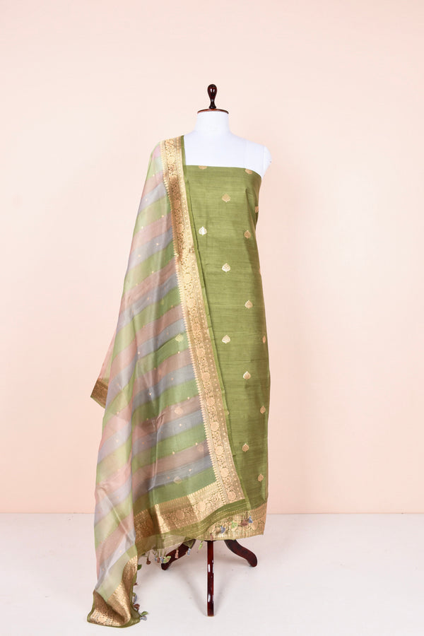 Henna Green Handwoven Chiniya Silk Dress Material  By Chinaya Banaras 