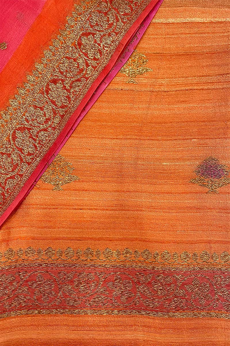 Coral Peach Handwoven Tussar Silk Co-ord Dress Material - Chinaya Banaras