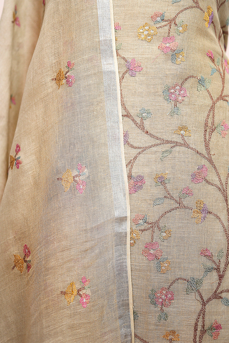Tortila Brown Embroidered Linen Dress Material