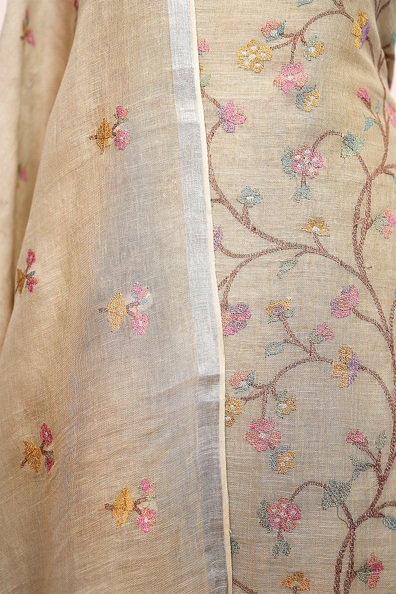 Tortila Brown Embroidered Linen Dress Material - Chinaya Banaras