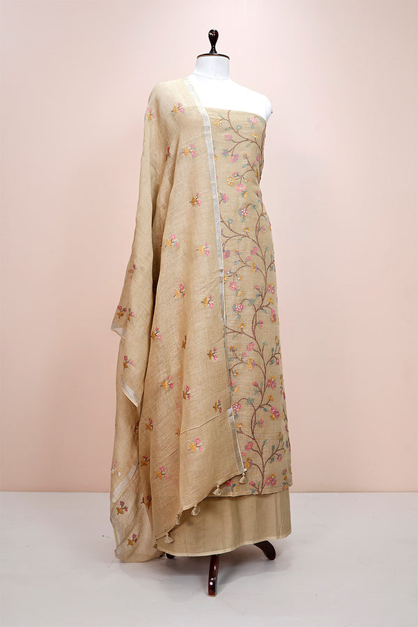 Tortila Brown Embroidered Linen Dress Material