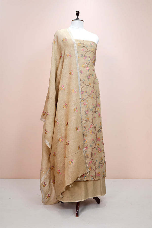 Tortila Brown Embroidered Linen Dress Material - Chinaya Banaras