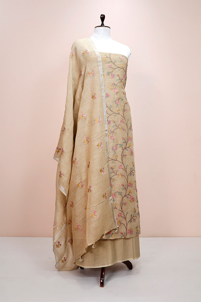 Tortila Brown Embroidered Linen Dress Material