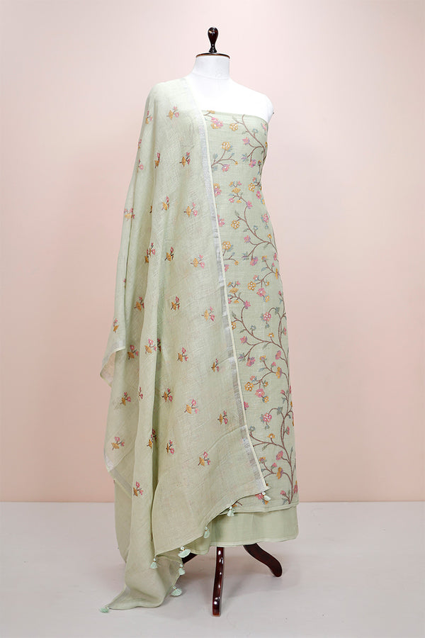 Pista Green Embroidered Linen Dress Material