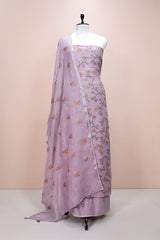 Periwinkle Purple Embroidered Linen Dress Material - Chinaya Banaras