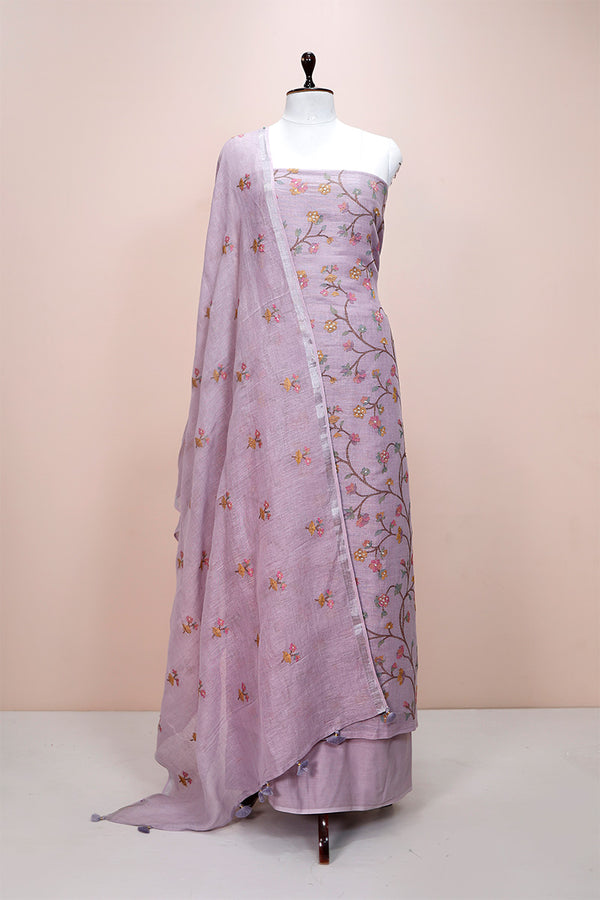 Periwinkle Purple Embroidered Linen Dress Material