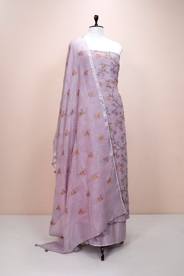 Periwinkle Purple Embroidered Linen Dress Material