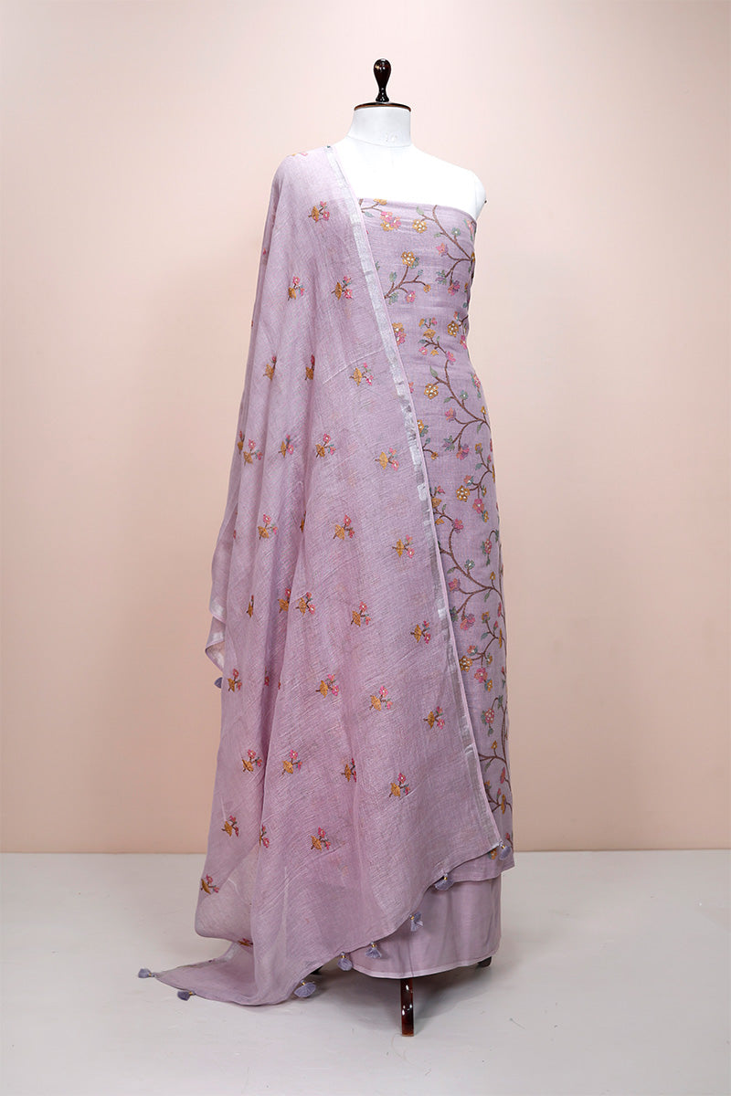 Periwinkle Purple Embroidered Linen Dress Material