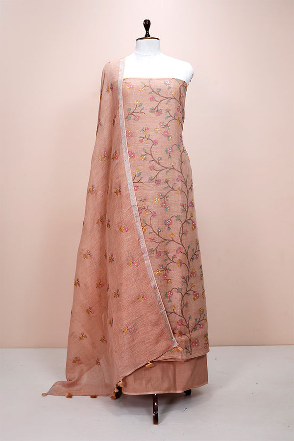 Coral Peach Embroidered Linen Dress Material  By Chinaya Banaras
