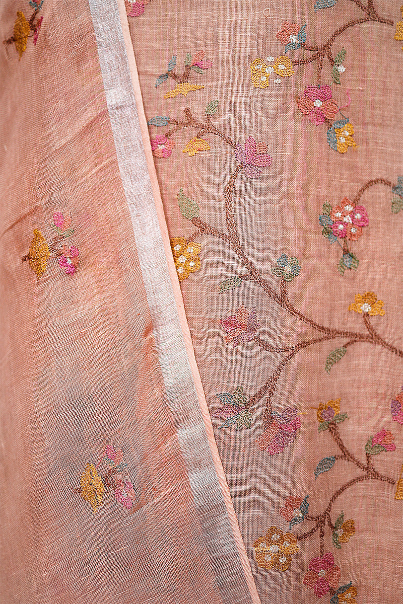 Coral Peach Embroidered Linen Dress Material - Chinaya Banaras