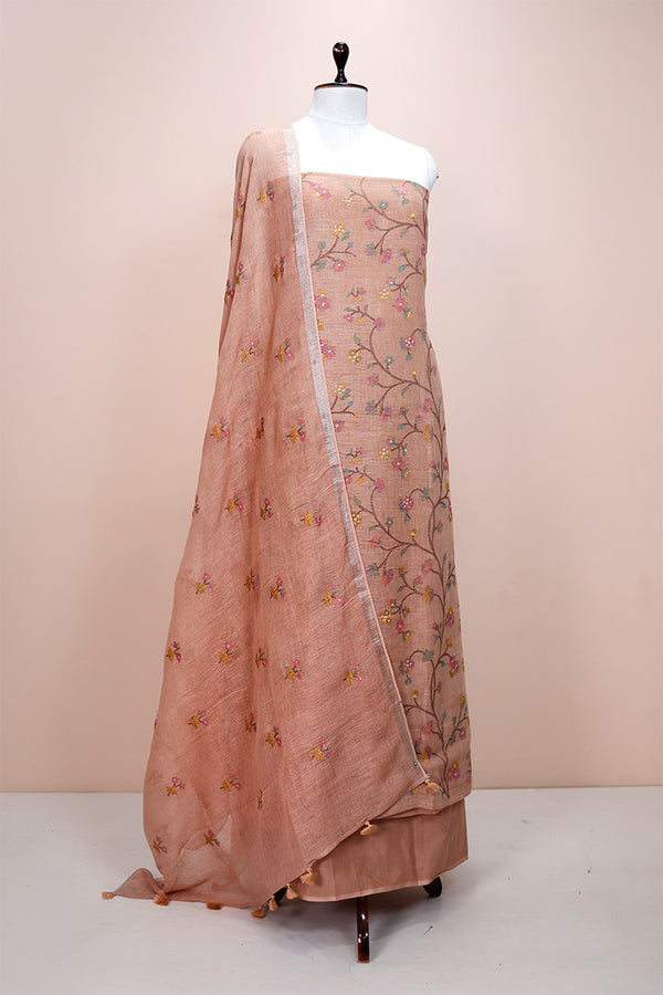 Coral Peach Embroidered Linen Dress Material - Chinaya Banaras