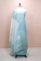 Arctic Blue Embroidered Linen Dress Material