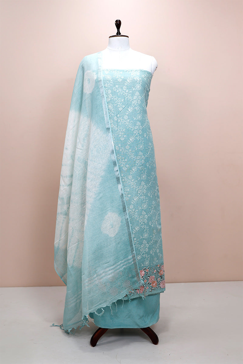 Arctic Blue Embroidered Linen Dress Material - Chinaya Banaras