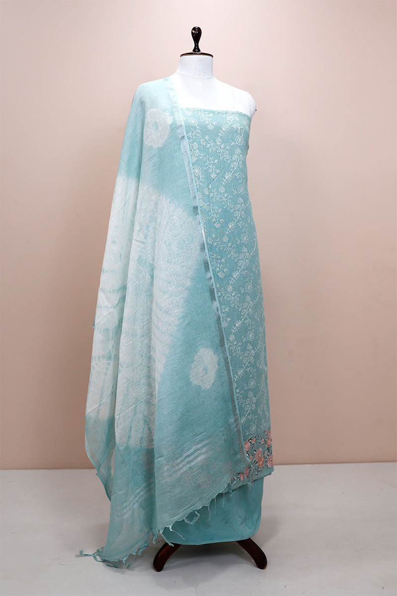 Arctic Blue Embroidered Linen Dress Material - Chinaya Banaras