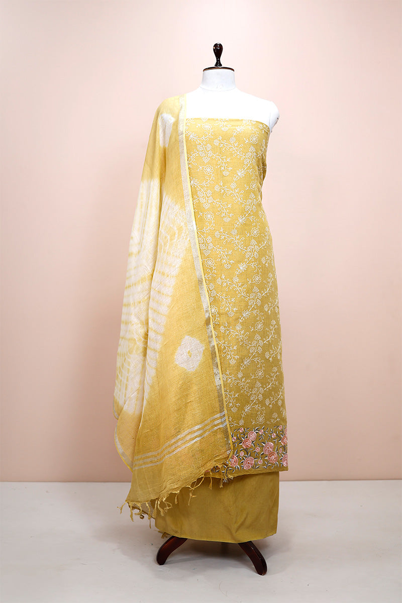 Macaroon Yellow Embroidered Linen Dress Material