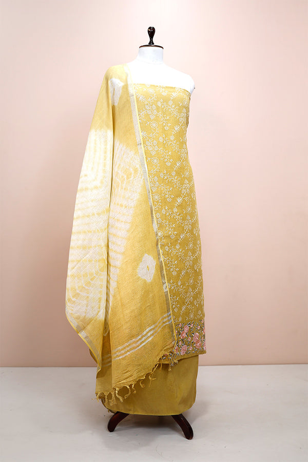 Macaroon Yellow Embroidered Linen Dress Material