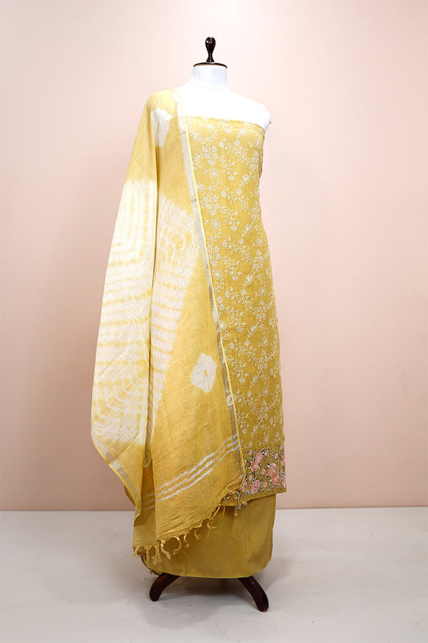 Macaroon Yellow Embroidered Linen Dress Material - Chinaya Banaras