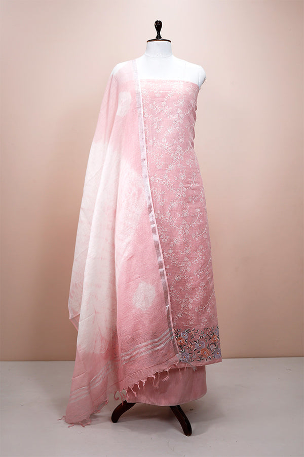 Lemonade Pink Embroidered Linen Dress Material