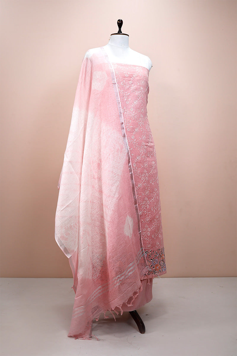 Lemonade Pink Embroidered Linen Dress Material