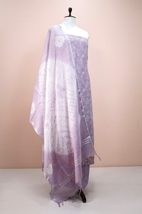 Heather Purple Embroidered Linen Dress Material - Chinaya Banaras