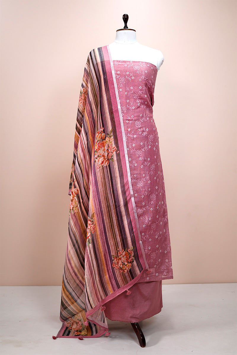 Tango Pink Embroidered Linen Dress Material  By Chinaya Banaras 