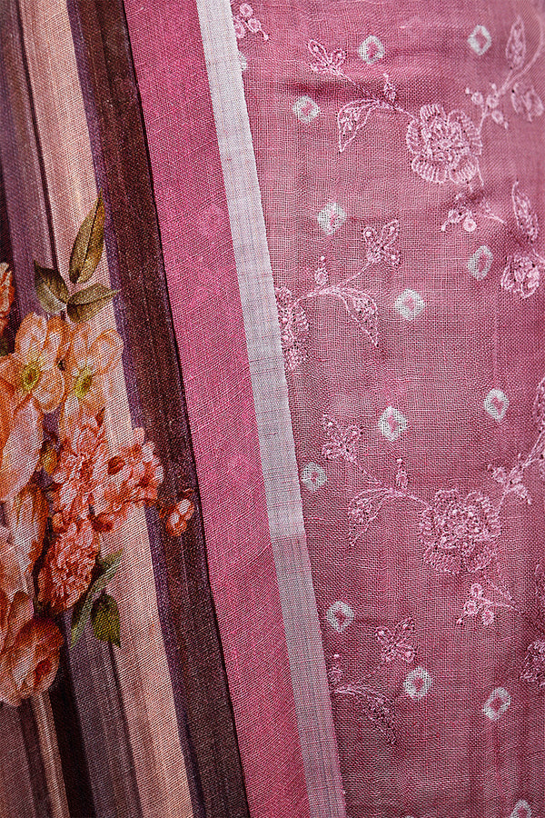Tango Pink Embroidered Linen Dress Material