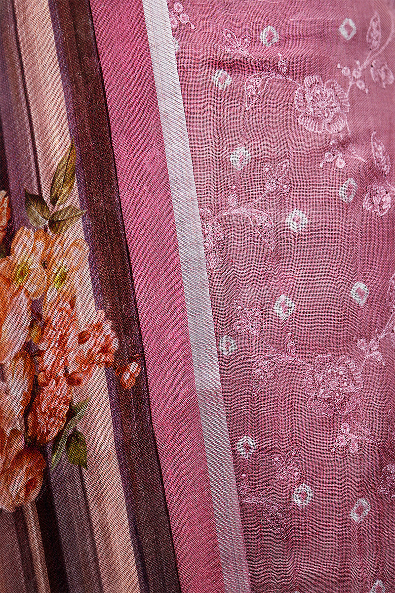 Tango Pink Embroidered Linen Dress Material