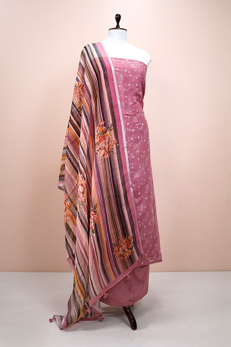 Tango Pink Embroidered Linen Dress Material