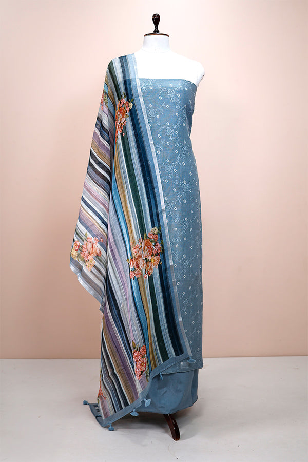 Cerulean blue Embroidered Linen Suit Dress Material By Chinaya Banaras 