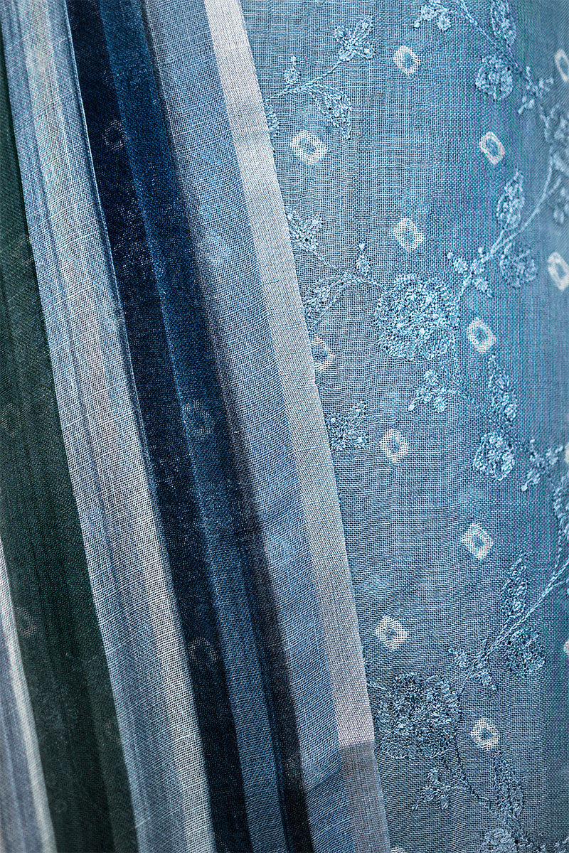 Cerulean blue Embroidered Linen Dress Material