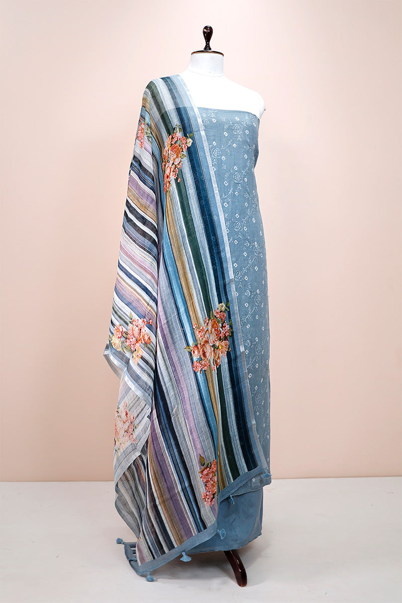 Cerulean blue Embroidered Linen Dress Material