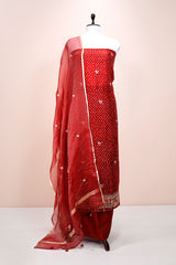 Deep Red Embellished Organza Silk Dress Material - Chinaya Banaras