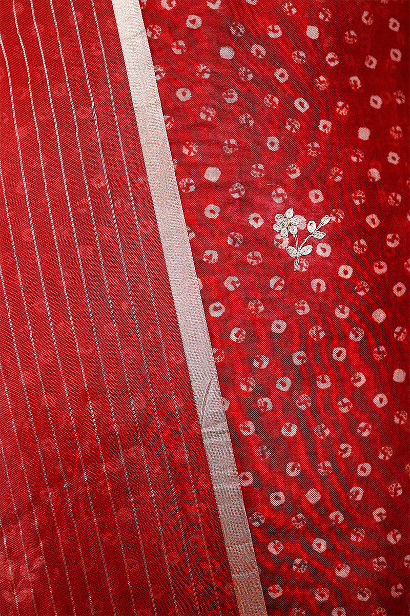 Deep Red Embellished Organza Silk Dress Material