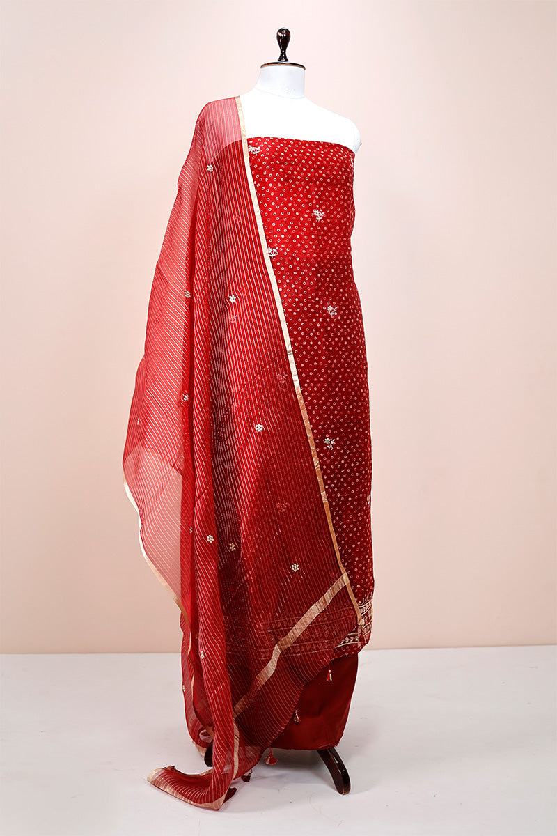 Deep Red Embellished Organza Silk Dress Material