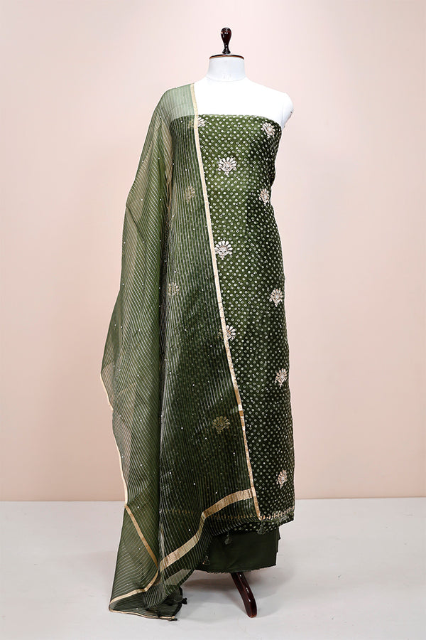 Heena Green Embellished Organza Silk Dress Material By Chinaya Banaras 