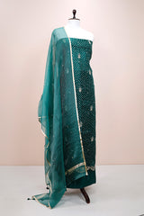 Peacock Blue Embellished Organza Silk Dress Material